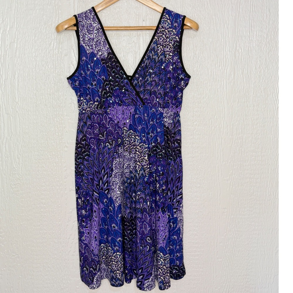 Dream Dance Line Art Purple Paisley Sequin V-Neck Dress XL Made in USA